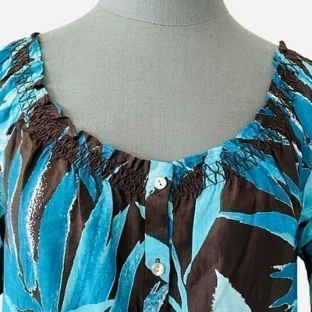 Tommy Bahama Silk Cotton Off Shoulder Blouse XXS Blue Brown Plants Top $138 NWT - Picture 9 of 11